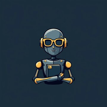 Cute Mascot Robot Wearing Glasses and Holding a Book