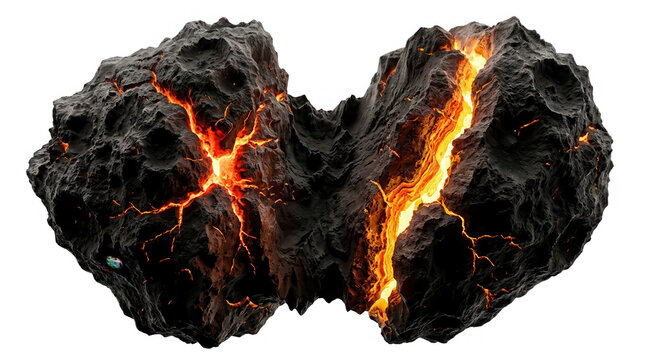 Um asteroide ou meteoro espacial detalhado com rachaduras incandescentes e lava brilhante no interior, isolado em um fundo branco puro para projetos de astronomia e ci&ecirc;ncia.