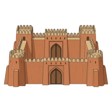 Ilustra&ccedil;&atilde;o vetorial de um castelo medieval fortificado com paredes de tijolos de barro, torres de vigia e port&otilde;es arqueados, isolado em um fundo branco para design gr&aacute;fico.