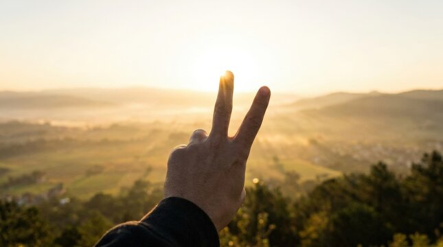 Hand showing peace sign at sunrise over mountains-(Tangan menunjukkan tanda damai saat matahari terbit di atas pegunungan)