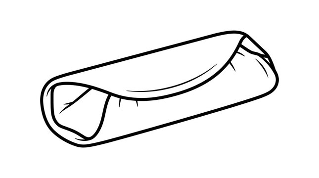 Simple black and white line art illustration of a wrapped burrito, tortilla, or spring roll. Ideal for fast food menus, Mexican cuisine graphics, and culinary icons