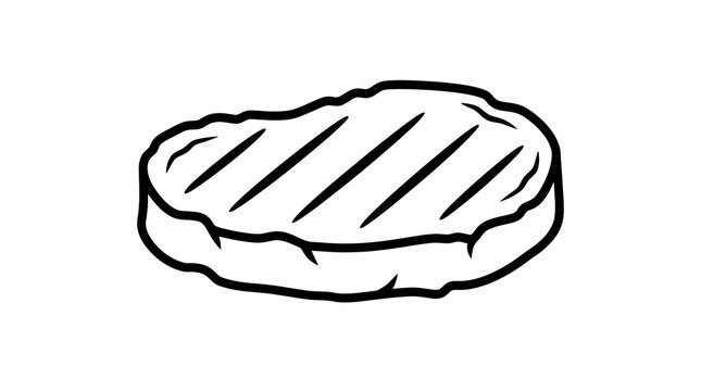 Black and white line art illustration of a delicious grilled steak with grill marks. Perfect for restaurant menus, food icons, and culinary designs