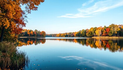 Obraz premium Vibrant Autumn Forest Reflected in a Calm Lake Under a Blue Sky.