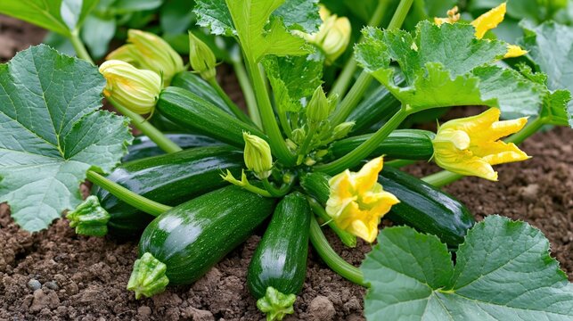 Young green fruits and bright yellow flowers grow on a plant in soil.