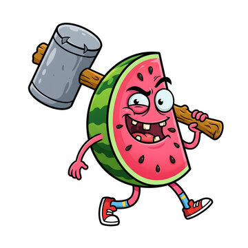 Funny watermelon slice character carrying a large heavy metal hammer