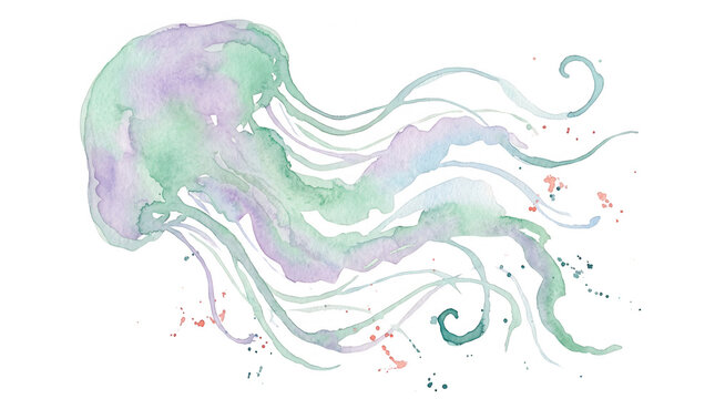Uma ilustra&ccedil;&atilde;o art&iacute;stica em aquarela de uma &aacute;gua-viva flutuando graciosamente com tons suaves de verde e roxo, apresentando detalhes fluidos e um estilo et&eacute;reo sobre um fundo branco isolado.