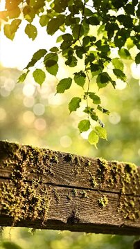 Close Up Of A Weathered Wooden Fence Rail Covered In Green Moss With Hanging Tree Leaves And Soft Golden Bokeh Background In A Forest Setting Nature