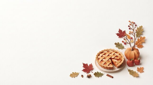Autumn Baking Bottom Right Corner Border with Apple Pie and Pumpkin Paper Cut Illustration on White Background