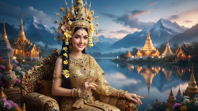 Stunning southeast asian goddess or queen in traditional gold attire sitting by a serene lake with majestic mountain temples in the background