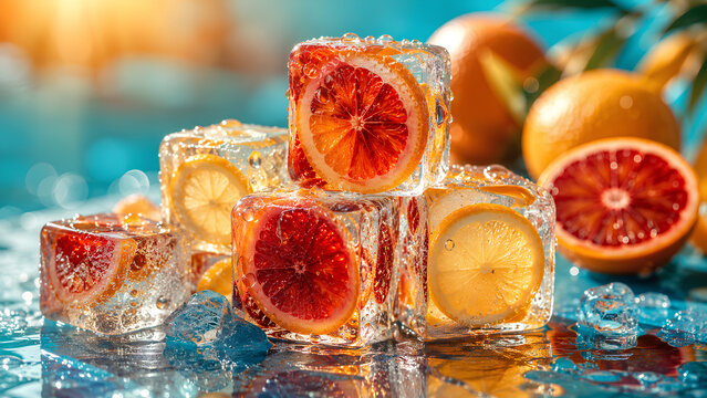 Fresh blood orange and lemon slices frozen in ice cubes on blue background