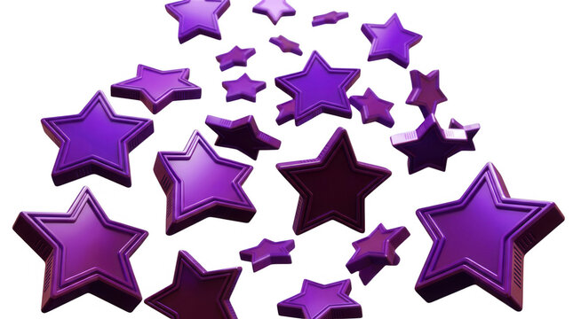 Fundo abstrato com estrelas roxas tridimensionais flutuando em perspectiva sobre um fundo branco limpo, ideal para celebra&ccedil;&otilde;es, pr&ecirc;mios ou designs festivos criativos.