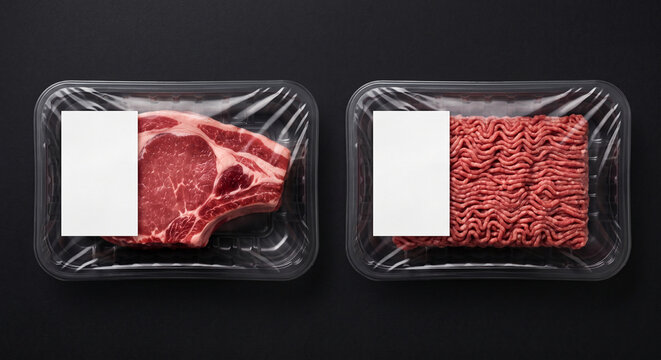 Raw beef steak and minced meat in plastic tray packaging with blank white labels. Isolated on a black background for mockup design.