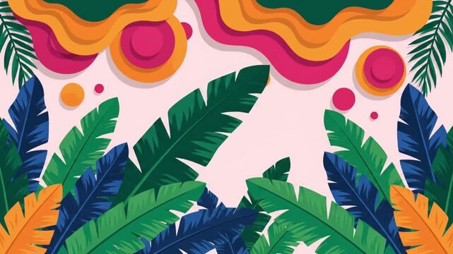 Tropical jungle foliage leaves with vibrant geometric shapes floating in this colorful seamless loop animation background motion graphic video clip
