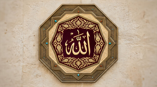 Ornate Golden Octagonal Emblem with Arabic Allah Calligraphy