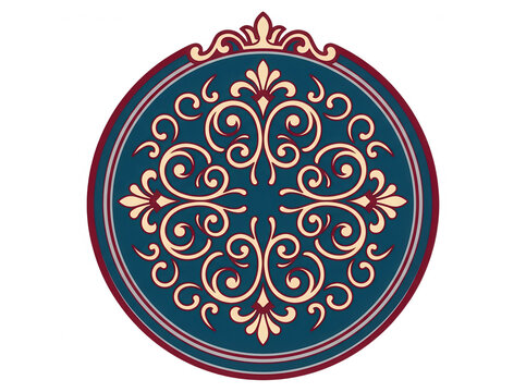 Design circular ornamental com padr&atilde;o floral barroco elegante em tons de azul profundo, creme e bord&ocirc;, ideal para convites de casamento, logotipos luxuosos e elementos decorativos cl&aacute;ssicos.
