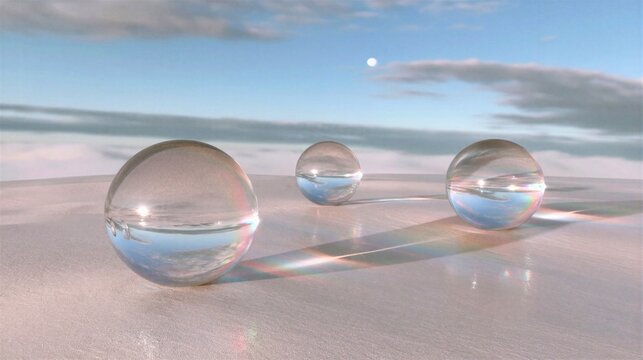 Three Transparent Glass Spheres on Reflective Surface with Light Rainbow Refraction