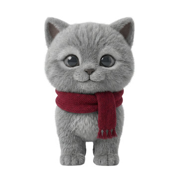 Um ador&aacute;vel gatinho cinza de pel&uacute;cia com olhos grandes e expressivos vestindo um cachecol vermelho, isolado em um fundo branco, ideal para designs infantis e decora&ccedil;&otilde;es festivas.
