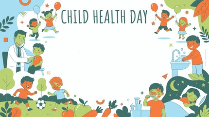 Fototapeta premium Child Health Day celebration illustration with kids playing and doctors examining patients, promoting well-being and healthy lifestyle