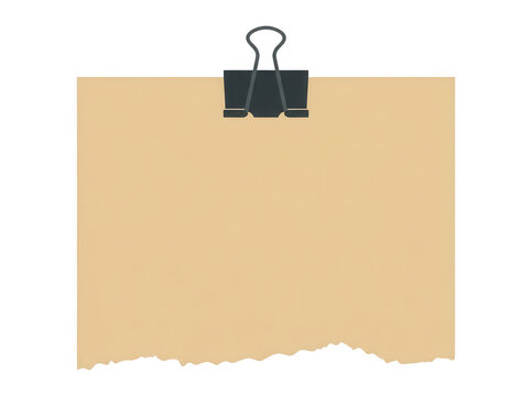 Uma folha de papel bege com borda rasgada presa por um clipe de metal preto, isolada em um fundo branco, ideal para anota&ccedil;&otilde;es, lembretes ou design de material de escrit&oacute;rio.