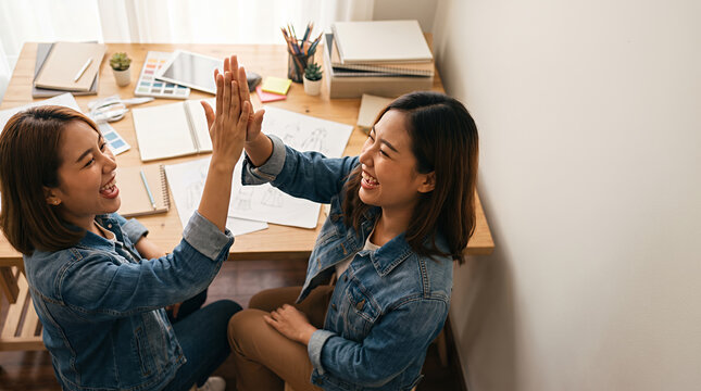 Two women celebrating with high five at office desk