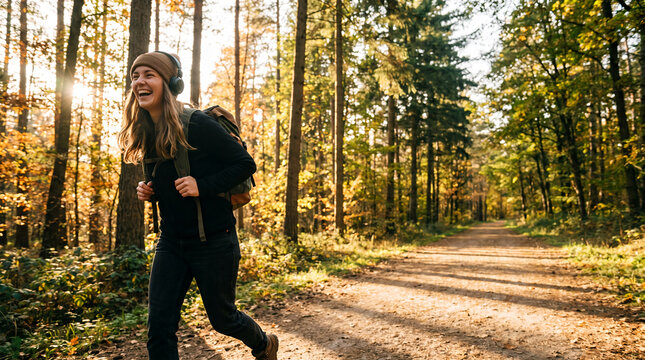 Woman jogging through autumn forest with headphones and backpack