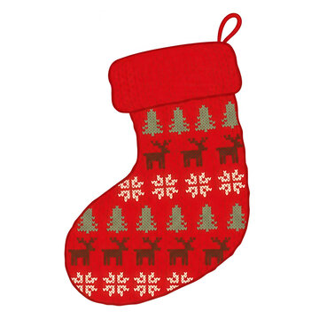 Meia de Natal vermelha cl&aacute;ssica com padr&atilde;o de tric&ocirc; de renas e &aacute;rvores isolada em fundo branco, perfeita para decora&ccedil;&atilde;o festiva e design de cart&otilde;es de fim de ano.