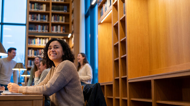 Young woman smiling at library with bookshelves and warm lighting