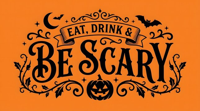 Eat drink and be scary halloween typography quote with black ornate flourishes, roses, bats, moon, and pumpkin on a solid orange background
