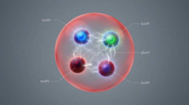 Subatomic particle structure, quark and gluon interaction, quantum physics visualization