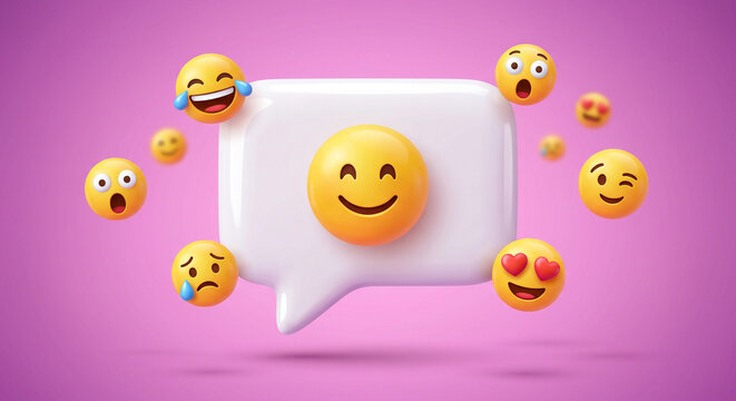 3D white chat bubble surrounded by floating yellow emojis on a pink background. Perfect for social media and communication concepts.