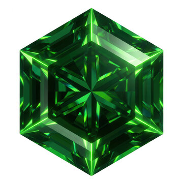 Uma gema preciosa de esmeralda verde com corte hexagonal detalhado e facetas brilhantes isolada em um fundo branco, ideal para design de joias e luxo.