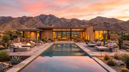 Fototapeta premium A beautiful mid-century architecture desert home exterior at sunset with a pool and mountains