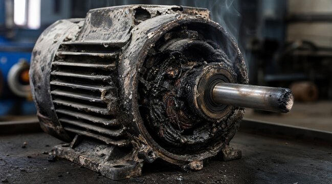 Old dirty electric motor in industrial workshop setting.