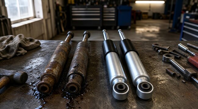 Old versus new car shock absorbers on a workshop workbench.