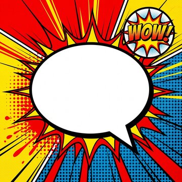 Blank speech bubble with a colorful comic book style background and a wow burst element for design