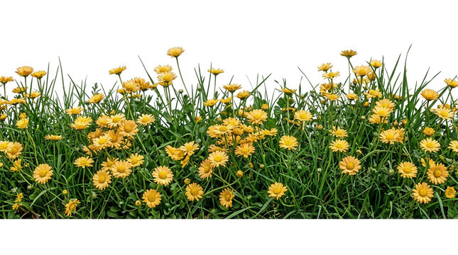 Borda de flores silvestres amarelas vibrantes e grama verde exuberante isoladas em um fundo branco, perfeitas para designs de primavera, cart&otilde;es de sauda&ccedil;&atilde;o e composi&ccedil;&otilde;es bot&acirc;nicas.