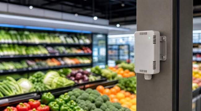 Smart sensor device mounted in supermarket produce section monitoring fresh vegetables.