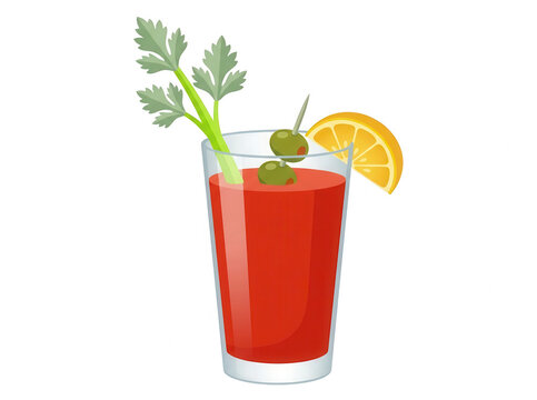 Ilustra&ccedil;&atilde;o vetorial de um coquetel Bloody Mary servido em um copo alto com talo de aipo fresco, azeitonas no palito e uma fatia de lim&atilde;o siciliano, isolado em fundo branco.