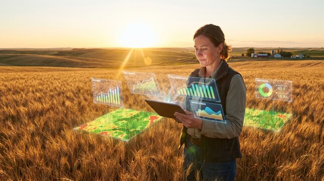 Woman Farmer Analyzing Crop Data on a Tablet in a Golden Wheat Field at Sunset, Utilizing Smart Agriculture Technology for Precision Farming and Sustainable Harvests