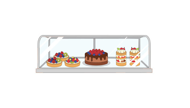 Glass display case in bakery features assortment of delicious chocolate cakes and fruit tarts for customers.