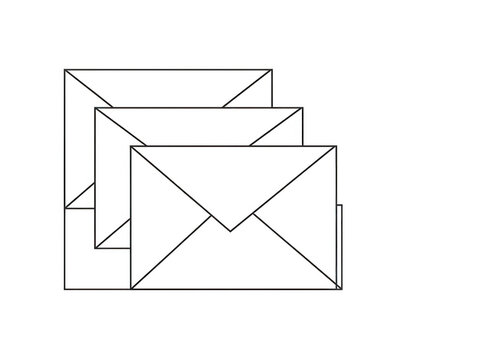 &Iacute;cone de envelopes empilhados em estilo minimalista de linha preta sobre fundo branco, representando comunica&ccedil;&atilde;o, correspond&ecirc;ncia e envio de mensagens digitais ou f&iacute;sicas.