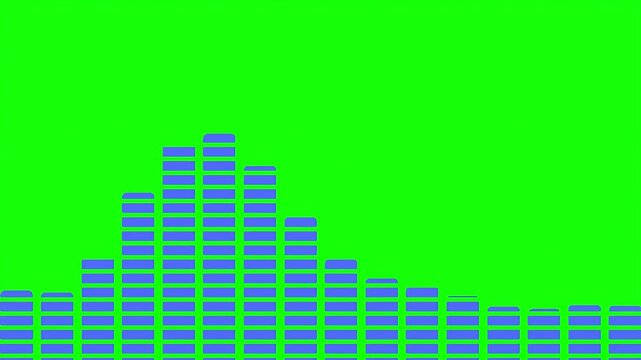 Digital audio equalizer bars on green screen background, blue sound frequency visualizer, electronic music level meter for video editing