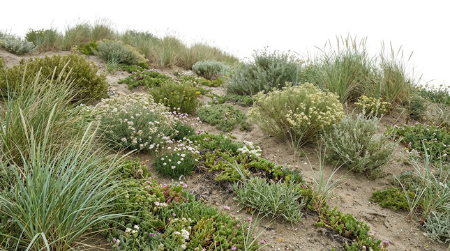 Dunas de areia costeiras com vegeta&ccedil;&atilde;o nativa, gram&iacute;neas e arbustos resistentes ao sal em uma paisagem natural de praia durante um dia nublado e sereno.
