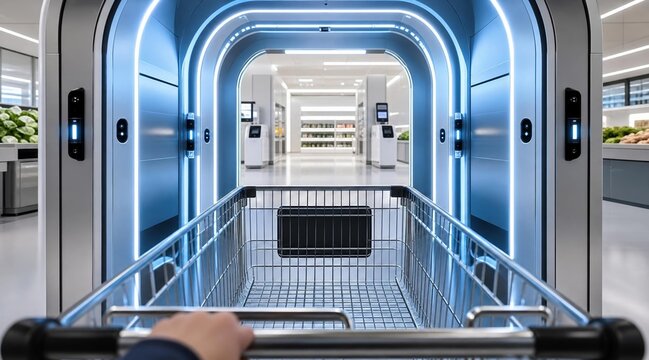 First person view of futuristic shopping cart entering high tech automated grocery store portal with blue neon lights.