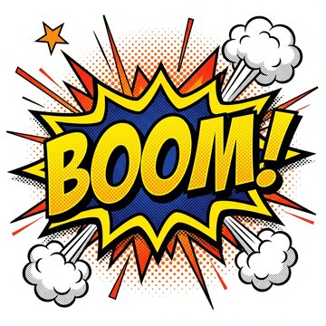 Colorful comic book style explosion graphic with the word boom written in bold yellow letters on white background