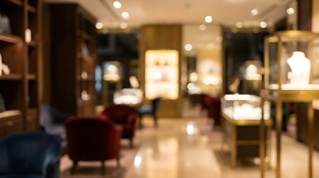 Blurred luxury jewelry store interior, elegant boutique shop background, high-end retail showroom with warm lighting and velvet chairs