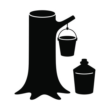 Maple syrup production vector icon with tree trunk bucket and glass bottle for sugar shack