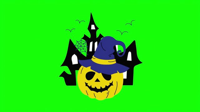 Halloween pumpkin with witch hat on green screen, spooky haunted house silhouette, cartoon jack o lantern animation for video editing