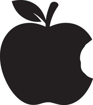 A simple black apple icon with a bite taken out of it presented as a minimalist graphic silhouette