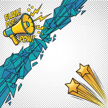 Pop art background with a yellow megaphone and shooting stars on a halftone dot pattern design